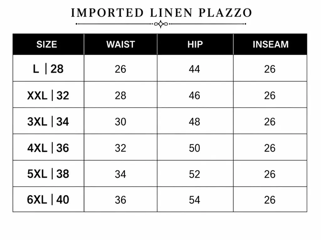 Imported linen pant size chart.webp