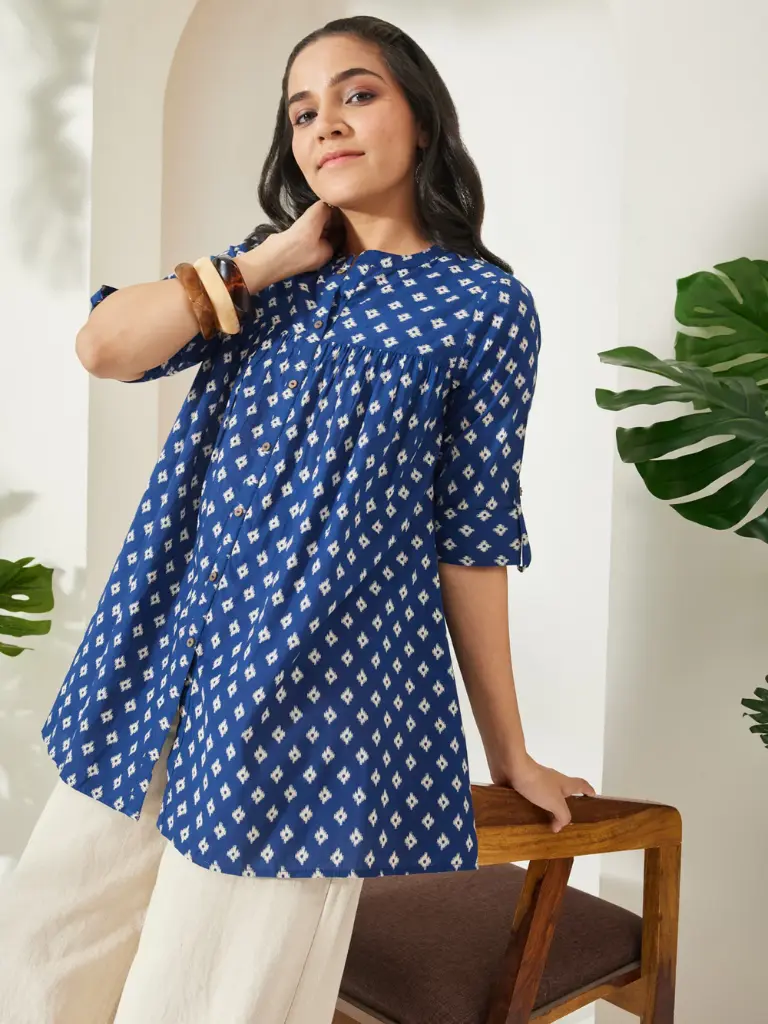 Navy Blue Pure Cotton Ikkat Printed A-Line Top