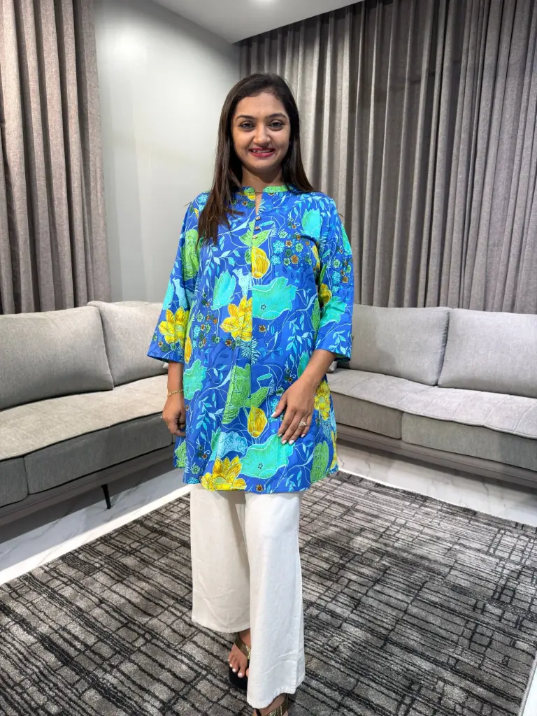 Blue Pure Cotton Floral Printed A-Line Tunic