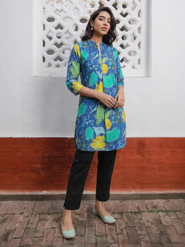 Blue Pure Cotton Floral Printed A-Line Tunic