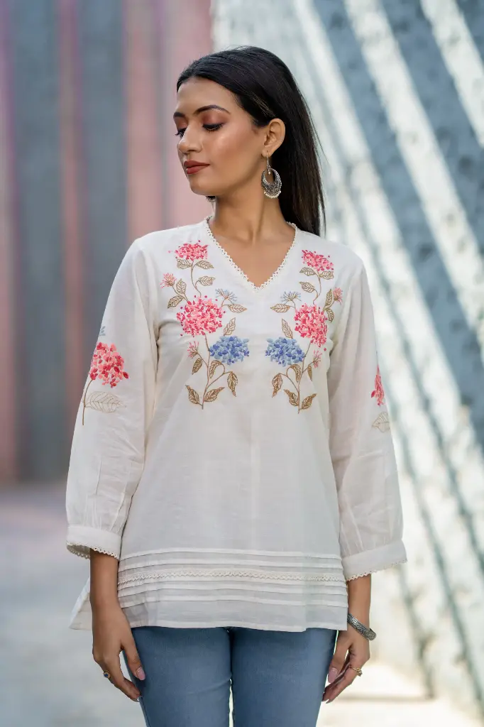 White Cotton Embroidered Western Top