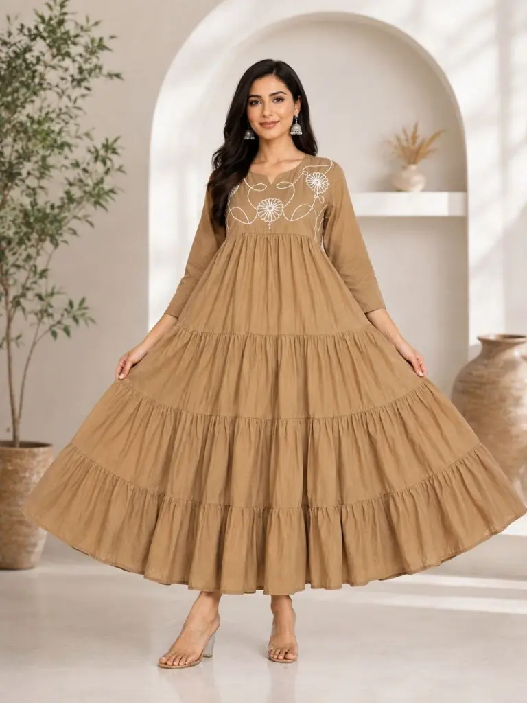 Sandstone Bloom Tiered Cotton Maxi Dress