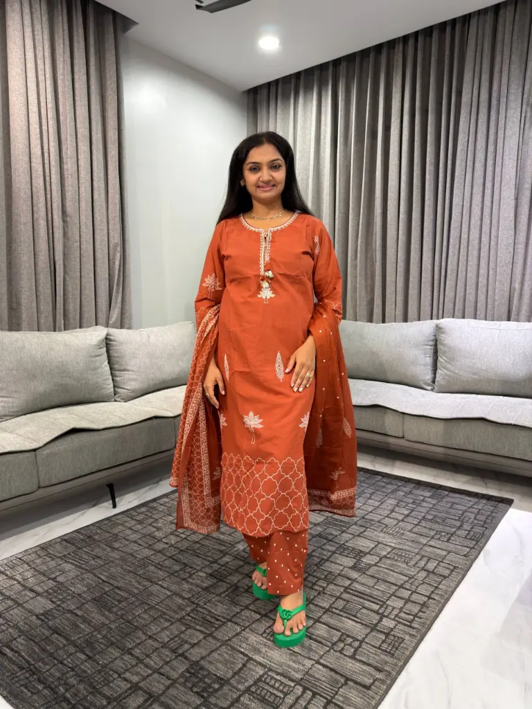 Rust Terracotta Embroidered Kurta Set with Dupatta