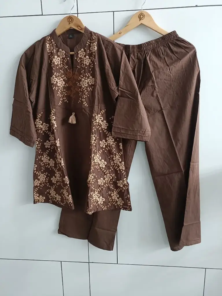 Chocolate Blossom Embroidered Cotton Coord Set