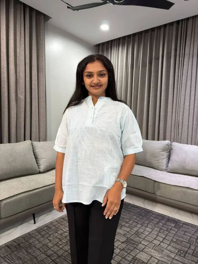 Sky Blue Sunburst Embroidered Linen Top