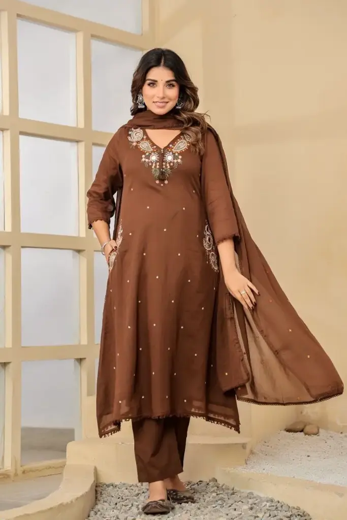 Mocha Grace Embroidered Mull Cotton Suit Set