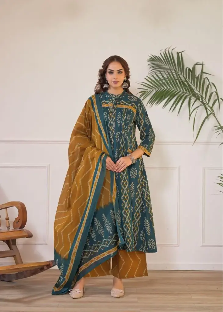 Teal Mustard Ikat Cotton Suit Set