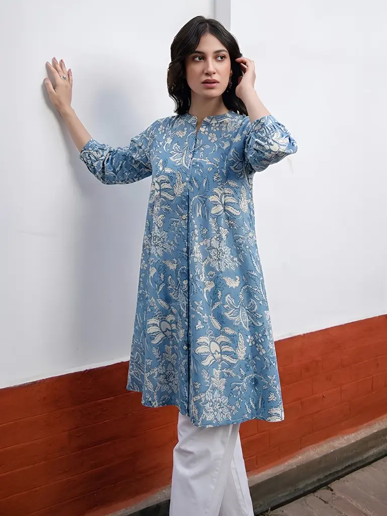 Sky Blue Pure Cotton Floral Printed A-Line Tunic