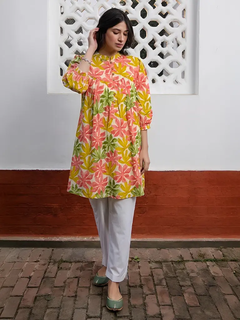 Multicolor Pure Cotton Floral Printed A-Line Tunic