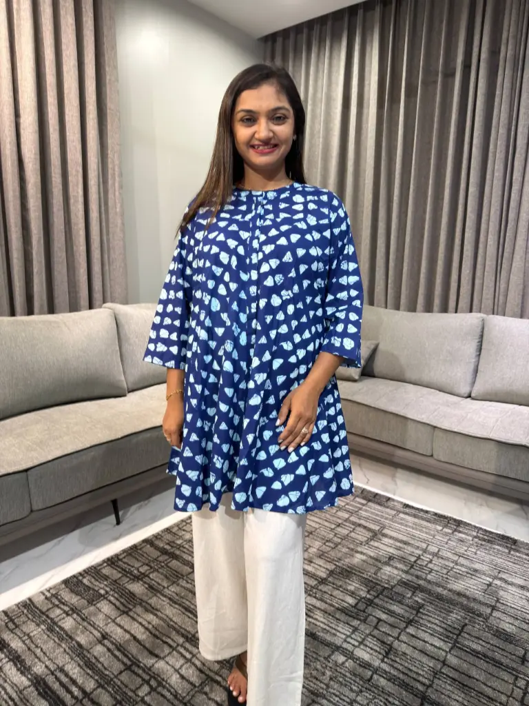Blue Pure Cotton Printed A-line Tunic