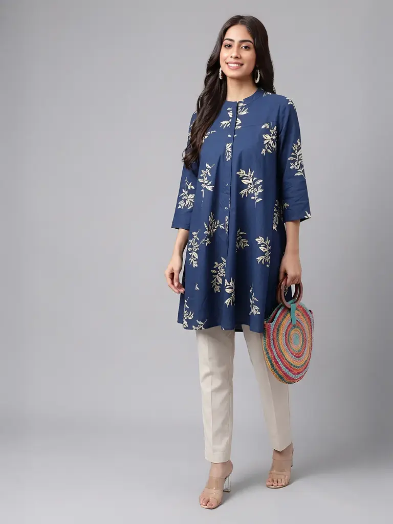Navy Blue Pure Cotton Floral Printed A-Line Tunic