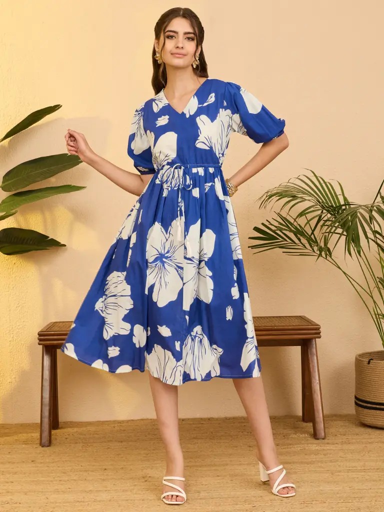 Royal Blue Pure Cotton Floral Printed Fit & Flare Dress