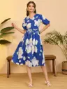 Royal Blue Pure Cotton Floral Printed Fit & Flare Dress
