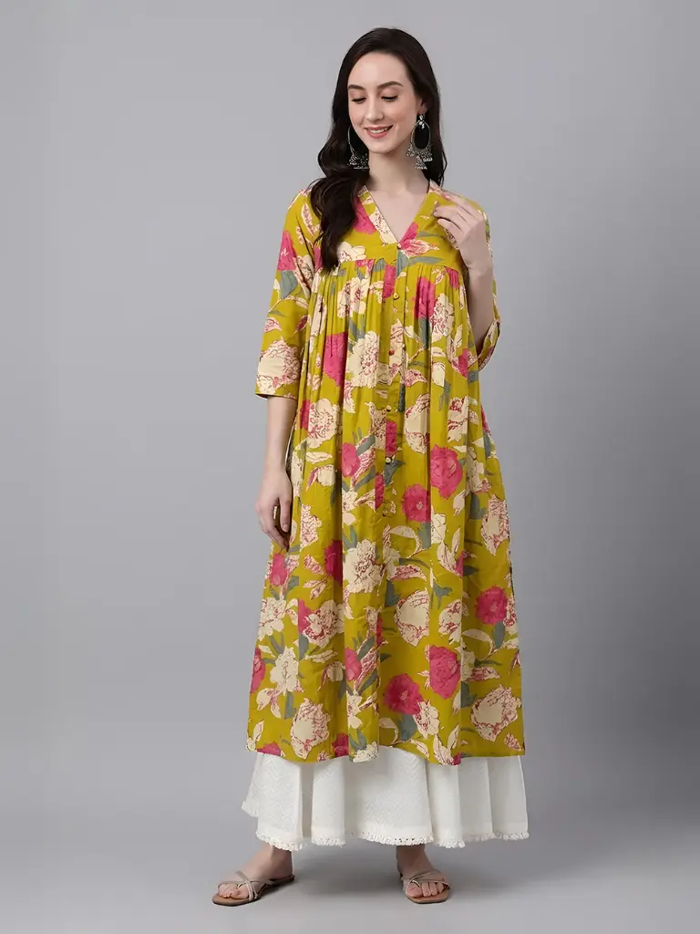 Mustard Pure Cotton Floral Printed A-Line Flared Kurta