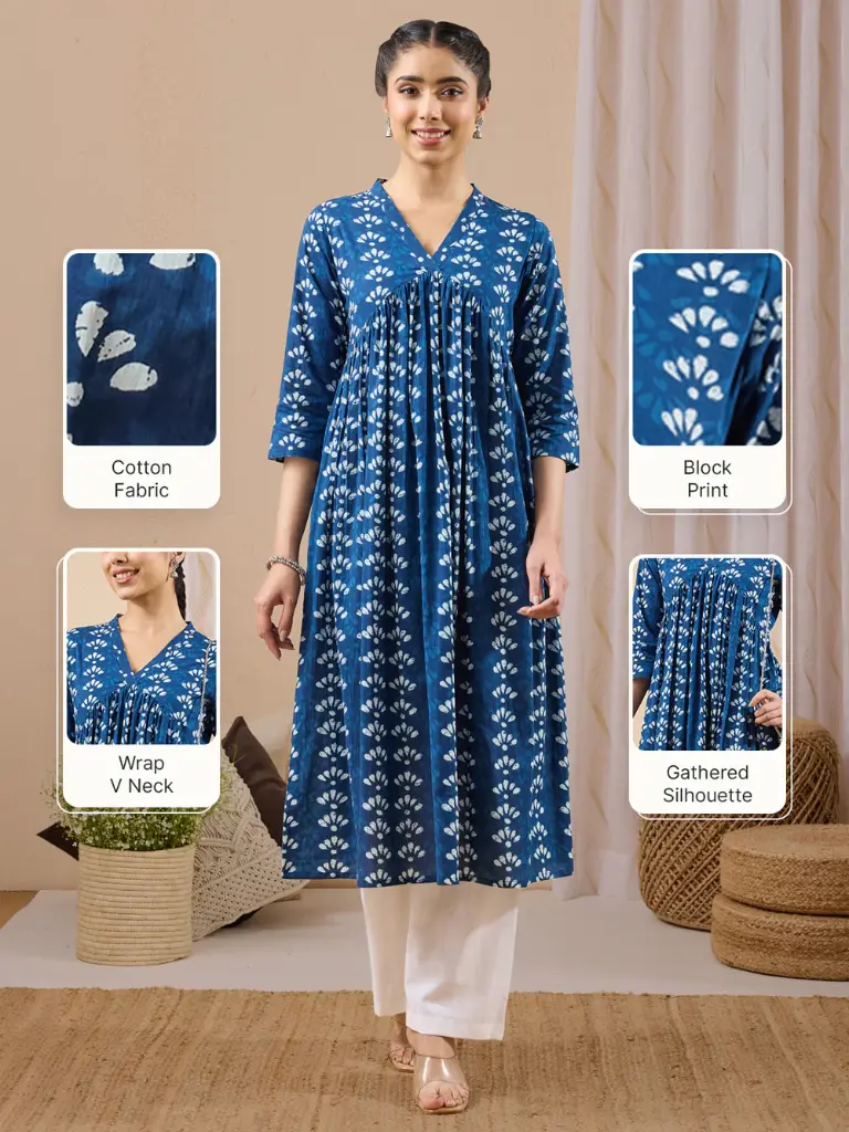Blue Pure Cotton Ethnic Motifs Printed Gathered Kurta
