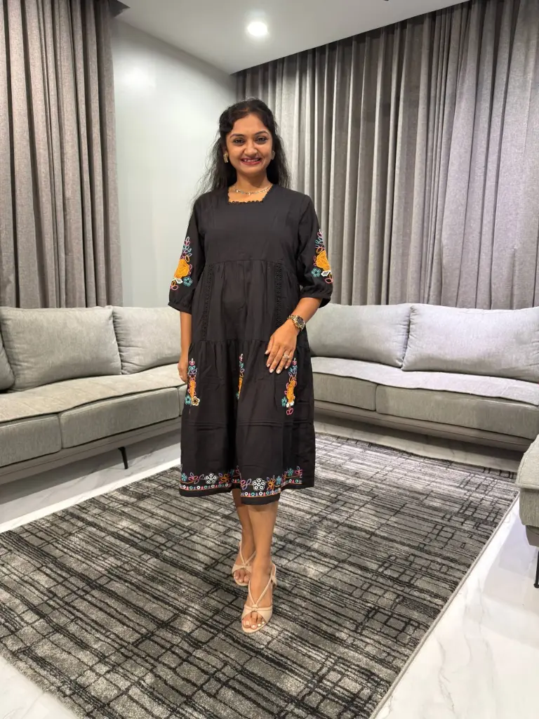 Midnight Bloom Embroidered Cotton Dress