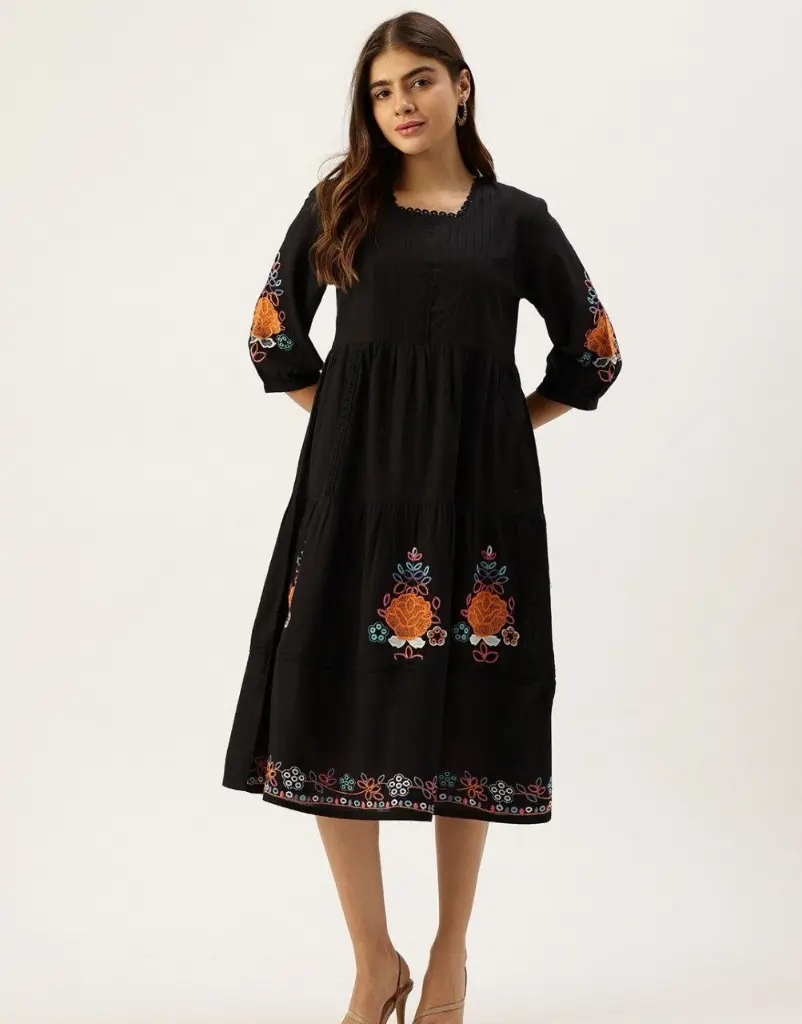 Midnight Bloom Embroidered Cotton Dress