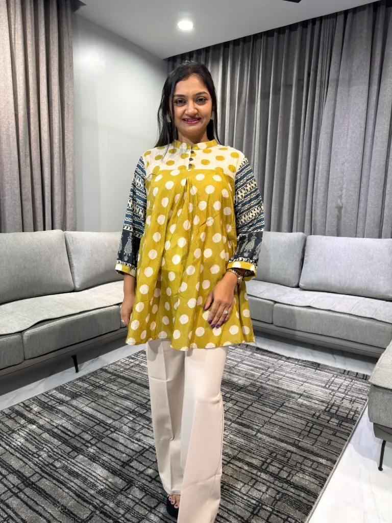 Mustard Gold Polka Dot Viscose Muslin Tunic