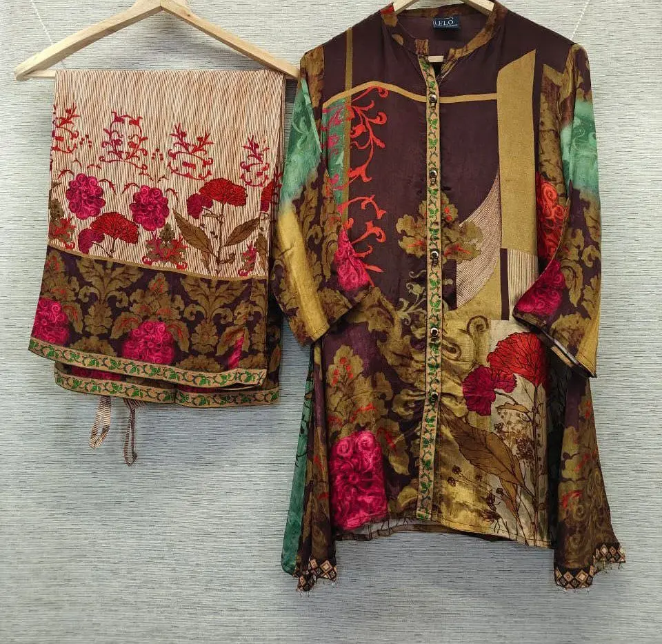Chocolate & Magenta Floral Patchwork Natural Crepe Coord Set