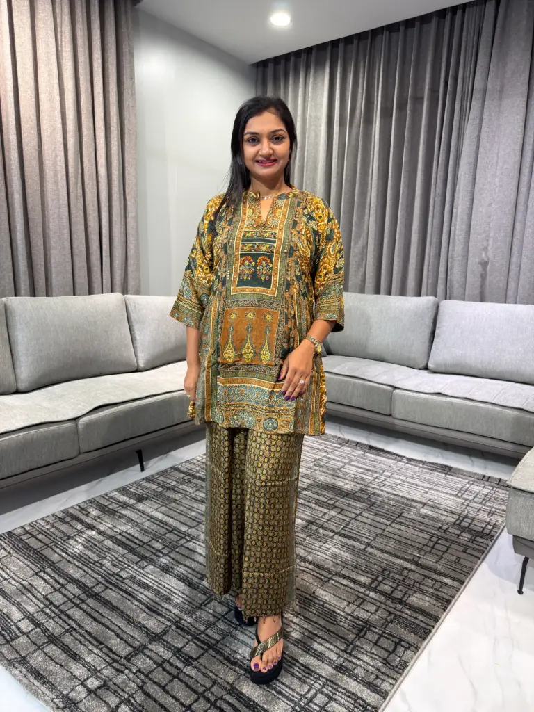 Vintage Ochre & Olive Ajrakh Natural Crepe Coord Set