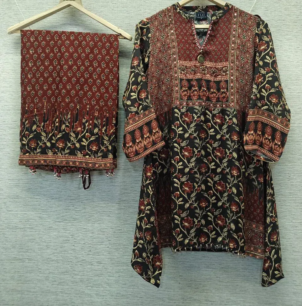 Crimson & Charcoal Heritage Floral Natural Crepe Coord Set