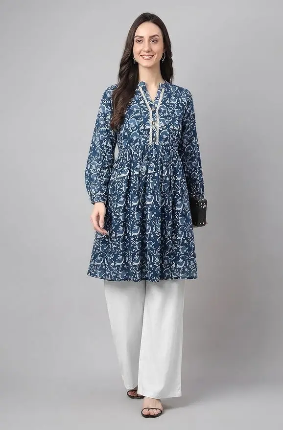  Indigo Pure Cotton Floral Printed A-Line Tunic