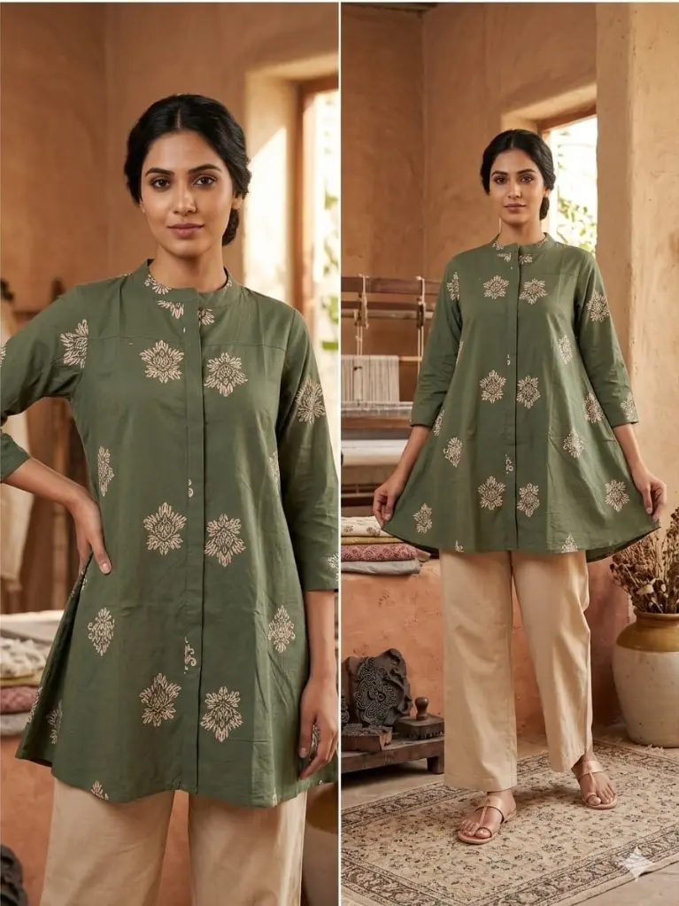 Olive Bloom Printed Cotton Tunic