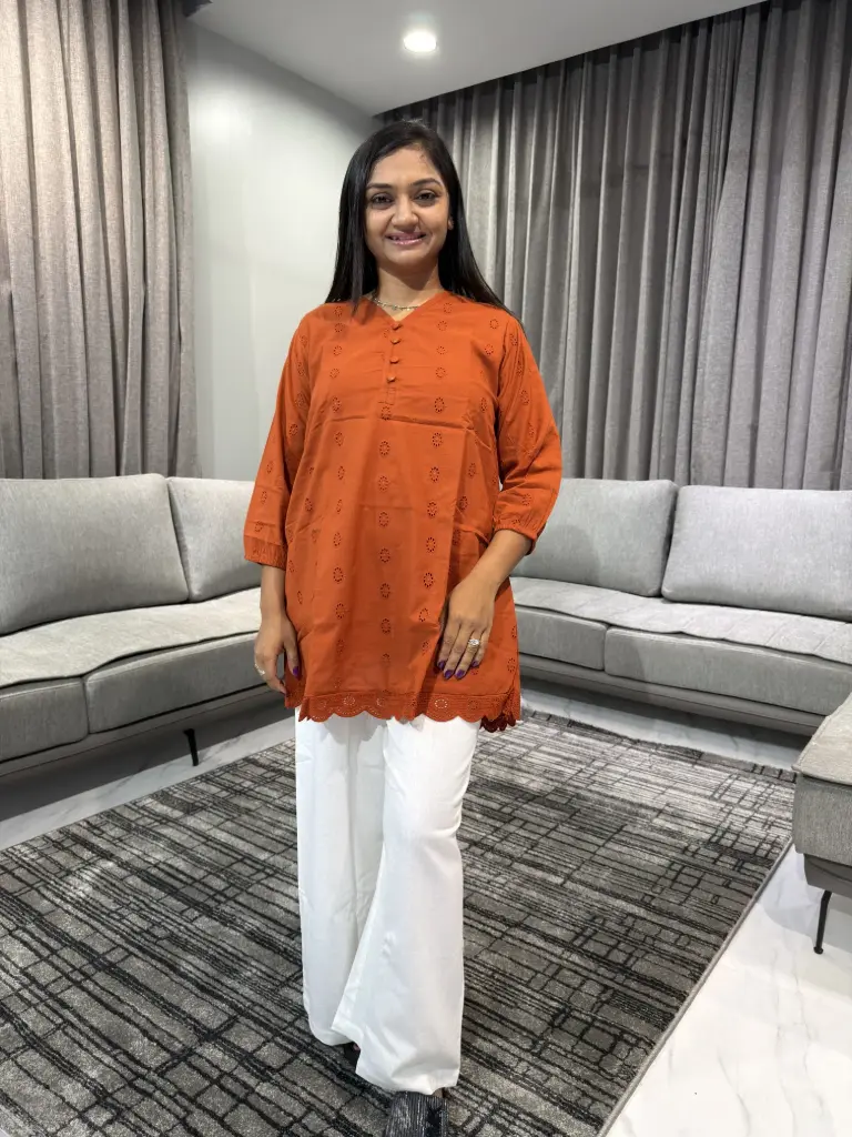 Rust Orange Pure Cotton Embroidered Tunic 