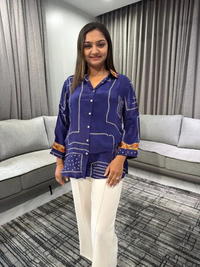 Royal Indigo Natural Crepe Printed Shirt