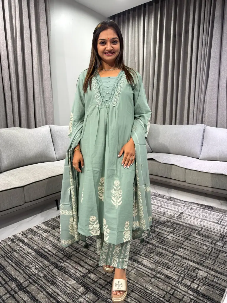 Sage Bloom Premium Cotton 3-Piece Kurta Set