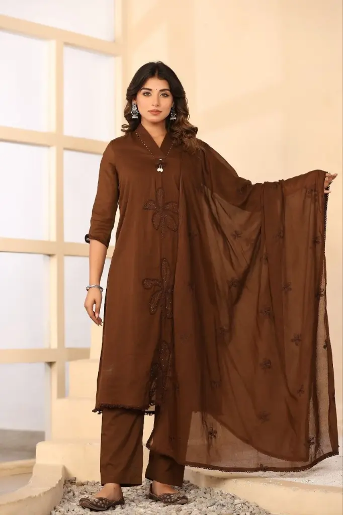 Mocha Blossom Pure Cotton 3-Piece Suit Set