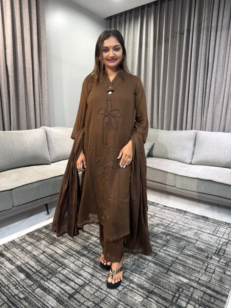 Mocha Blossom Pure Cotton 3-Piece Suit Set