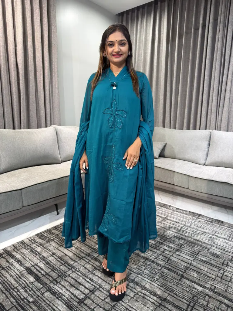 Teal Blossom Pure Cotton 3-Piece Suit Set