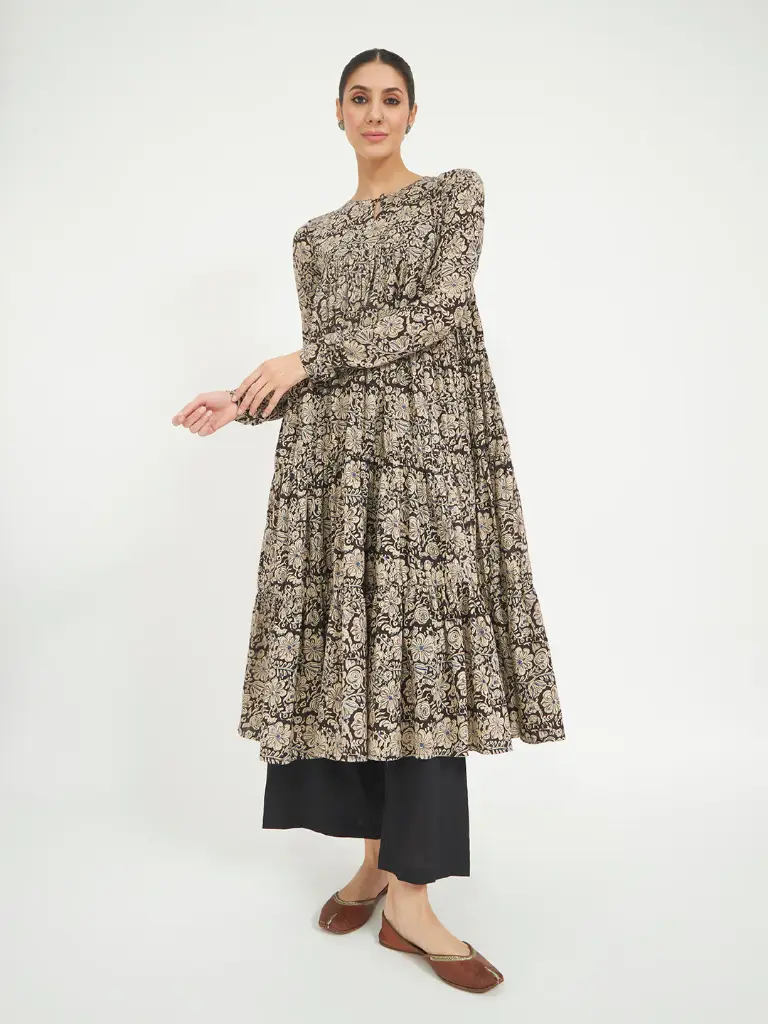 Black Paisley Printed Pure Cotton Anarkali Kurta