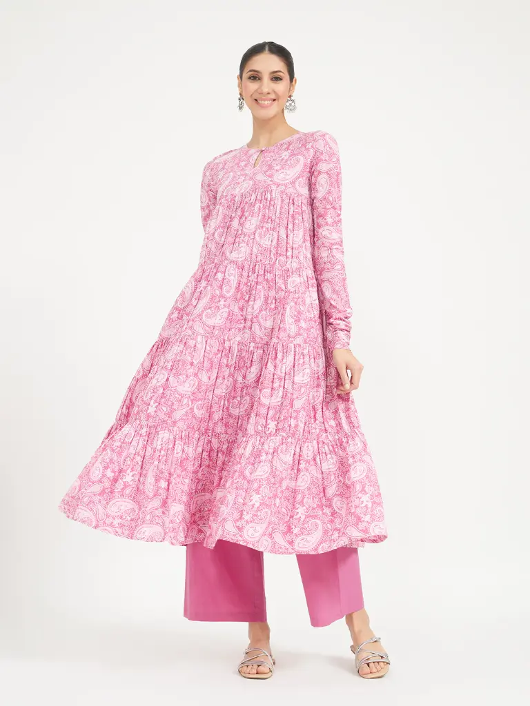 Pink Paisley Printed Pure Cotton Anarkali Kurta