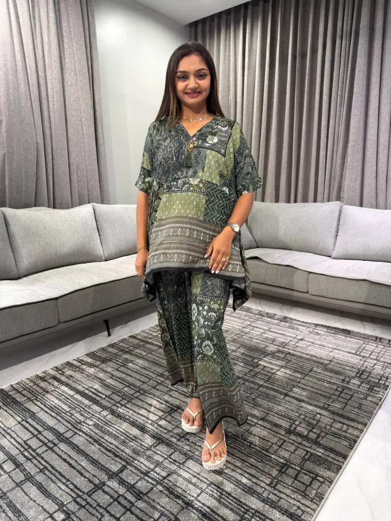 Olive Patchwork Premium Discharge Rayon Co-Ord Set