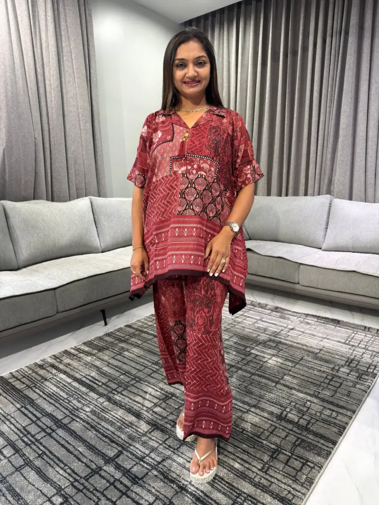 Maroon Patchwork Premium Discharge Rayon Co-Ord Set