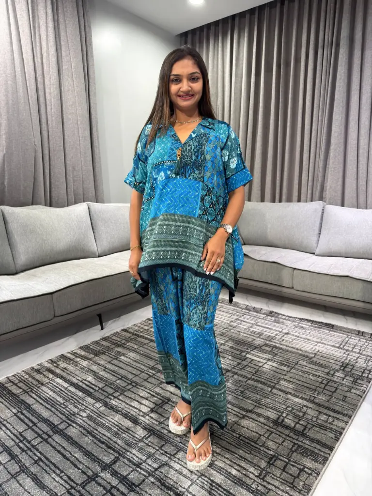 Ocean Blue Patchwork Premium Discharge Rayon Co-Ord Set