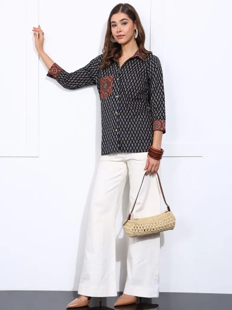 Navy Indigo Printed Pure Cotton Shirt