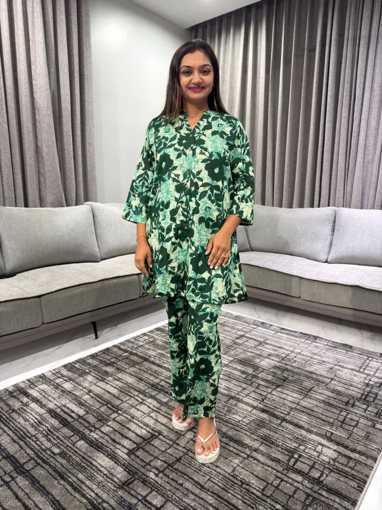 Green Pure Cotton Floral Printed A-line Co-ord Set