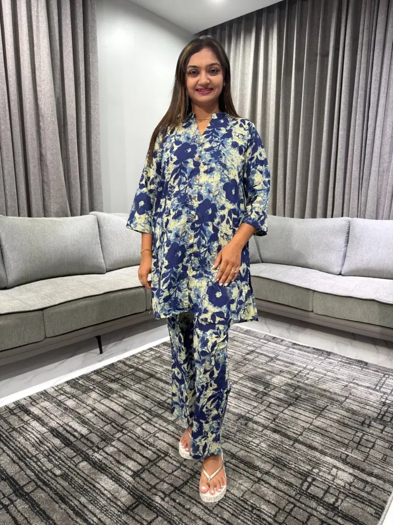 Indigo Cotton Floral Regular Co-ord Set