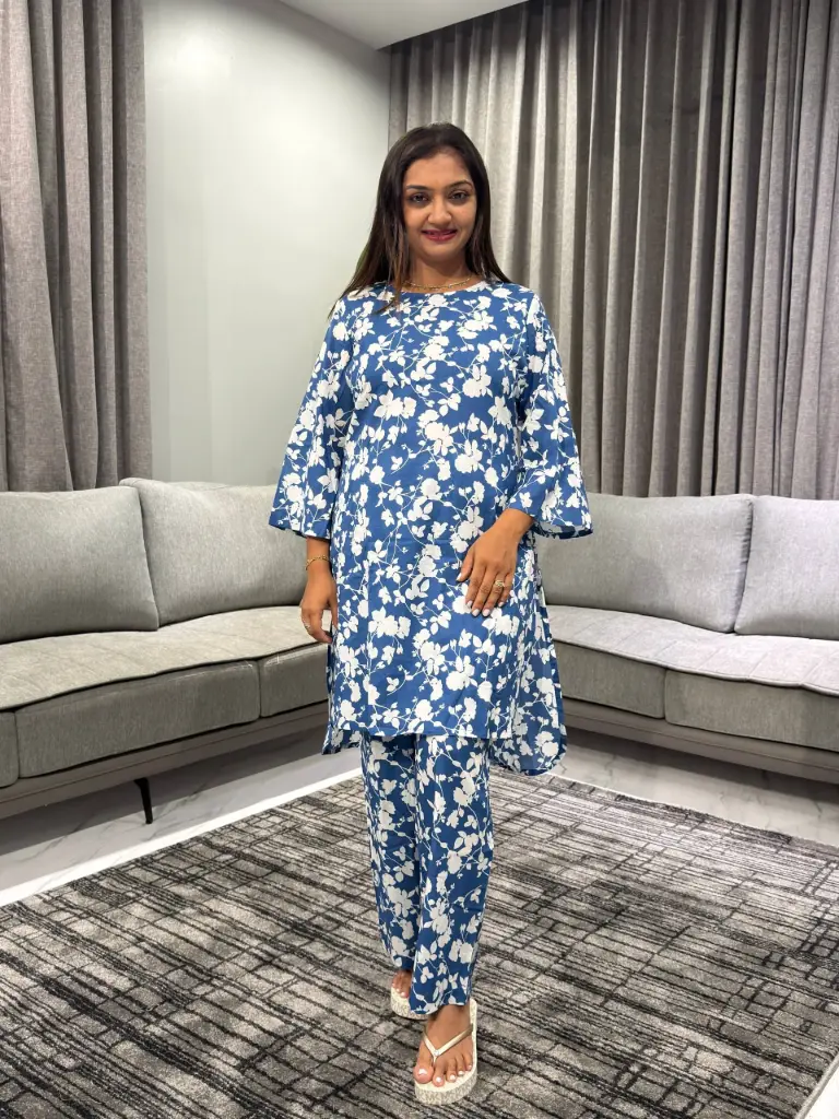Blue Pure Cotton Floral Printed Straight Co-ord Set
