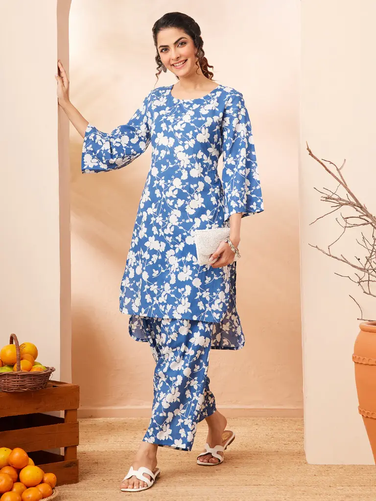 Blue Pure Cotton Floral Printed Straight Co-ord Set
