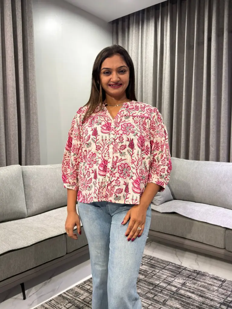 Cream Pure Cotton Floral Printed Shirt Style Top
