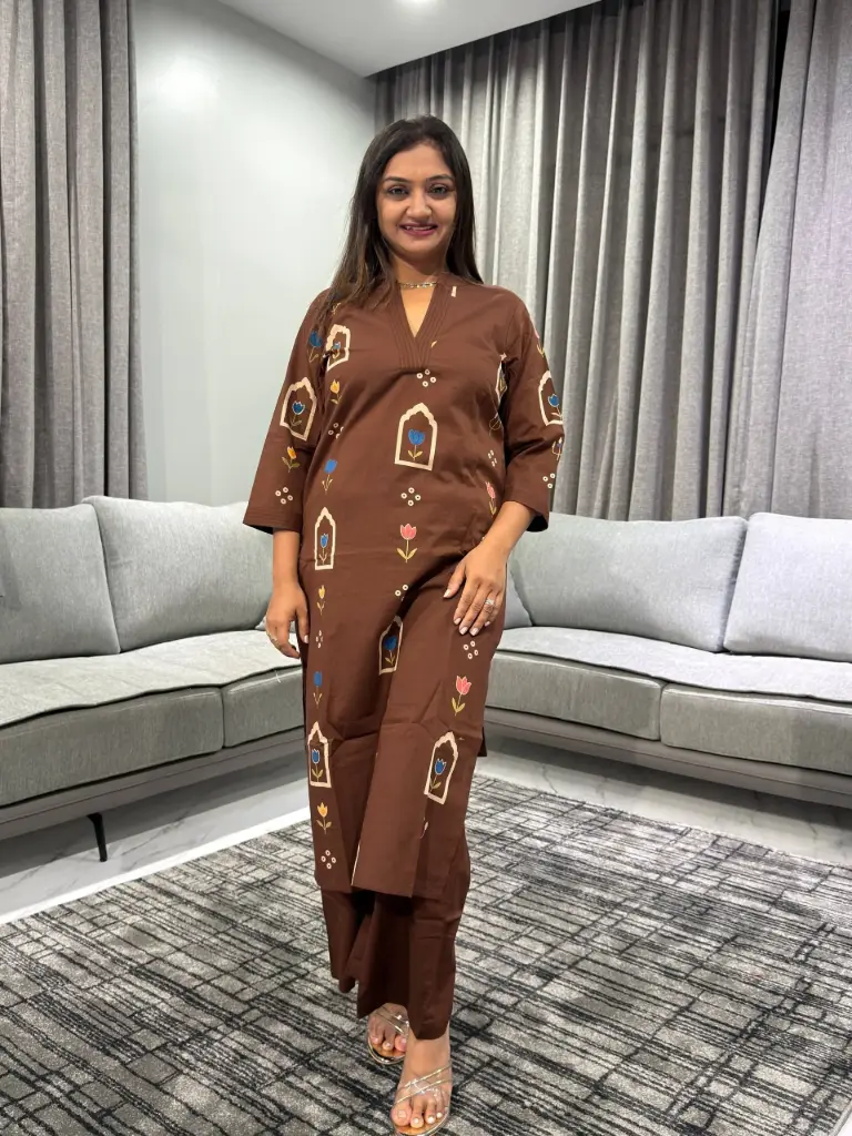 Cocoa Floral Motif Pure Cotton Kurta Set