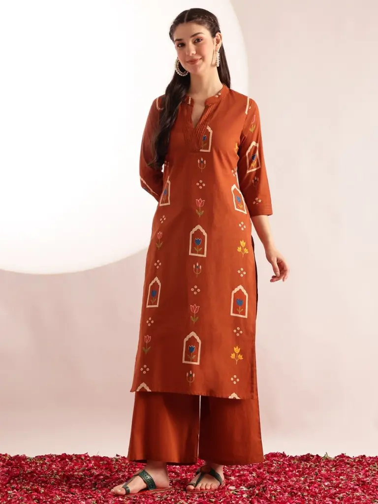 Rust Heritage Motif Pure Cotton Kurta Set