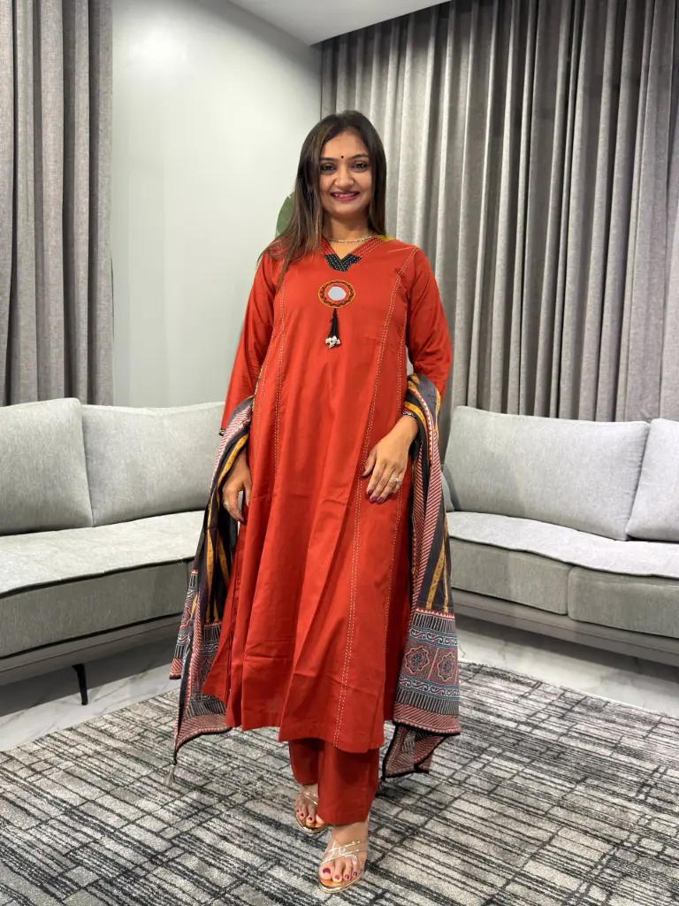 Rust Elegance Pure Cotton 3-Piece Kurta Set