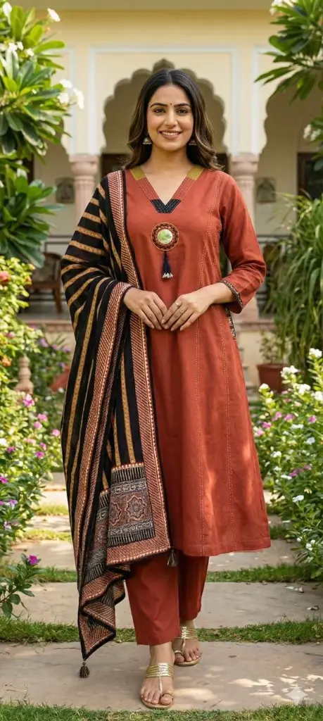 Rust Elegance Pure Cotton 3-Piece Kurta Set