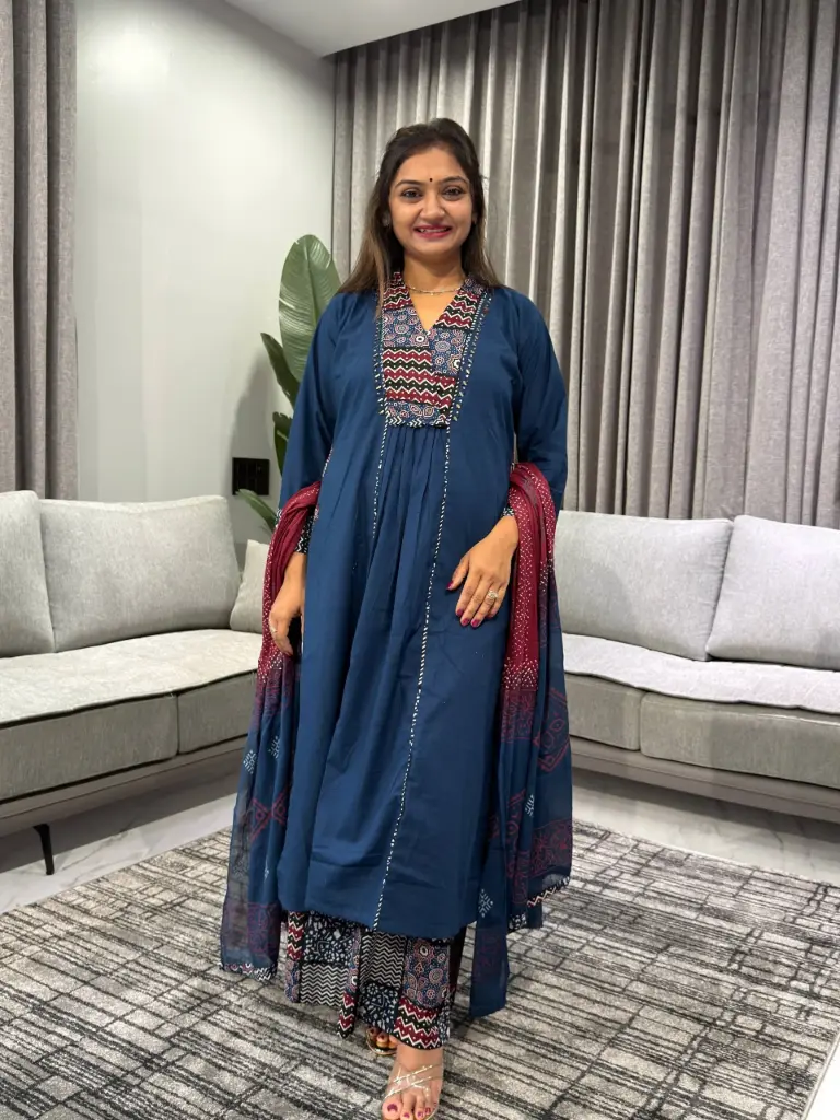 Navy Ethnic Printed Pure Cotton 3-Piece Kurta Set