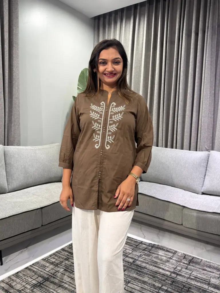Olive Leaf Embroidered Pure Cotton Tunic